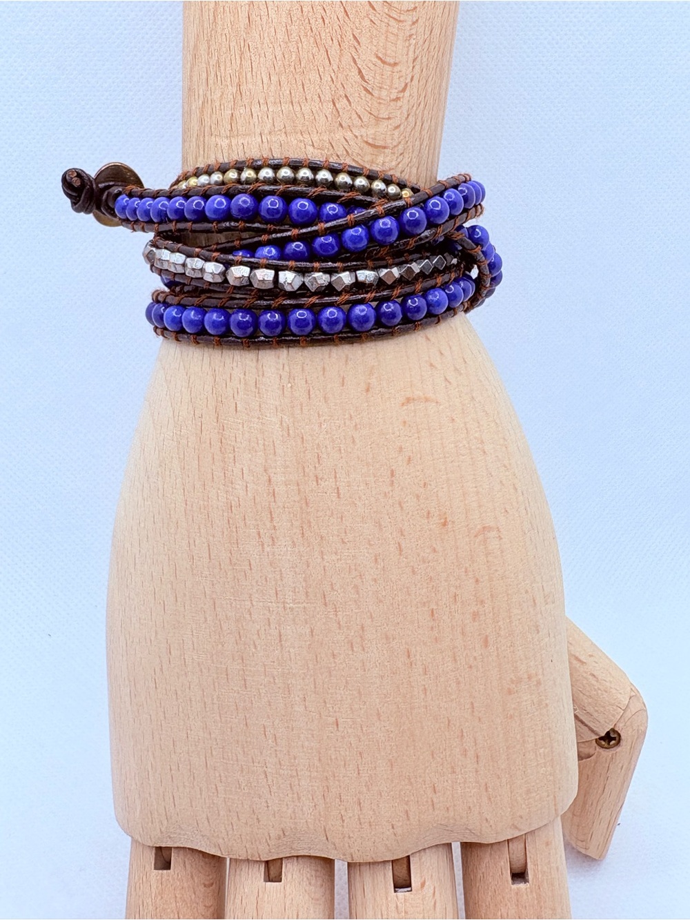 Vedahs Beaded Wrap Around Bracelet Blue Silver Gold Tone Beads Brown Leather
